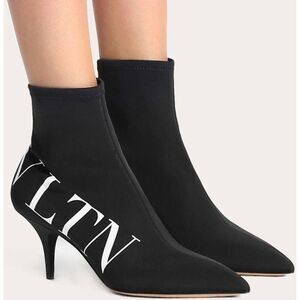 VALENTINO GARAVANI Black Stiletto Heel VLTN Logo Sock Ankle Boots Size E…